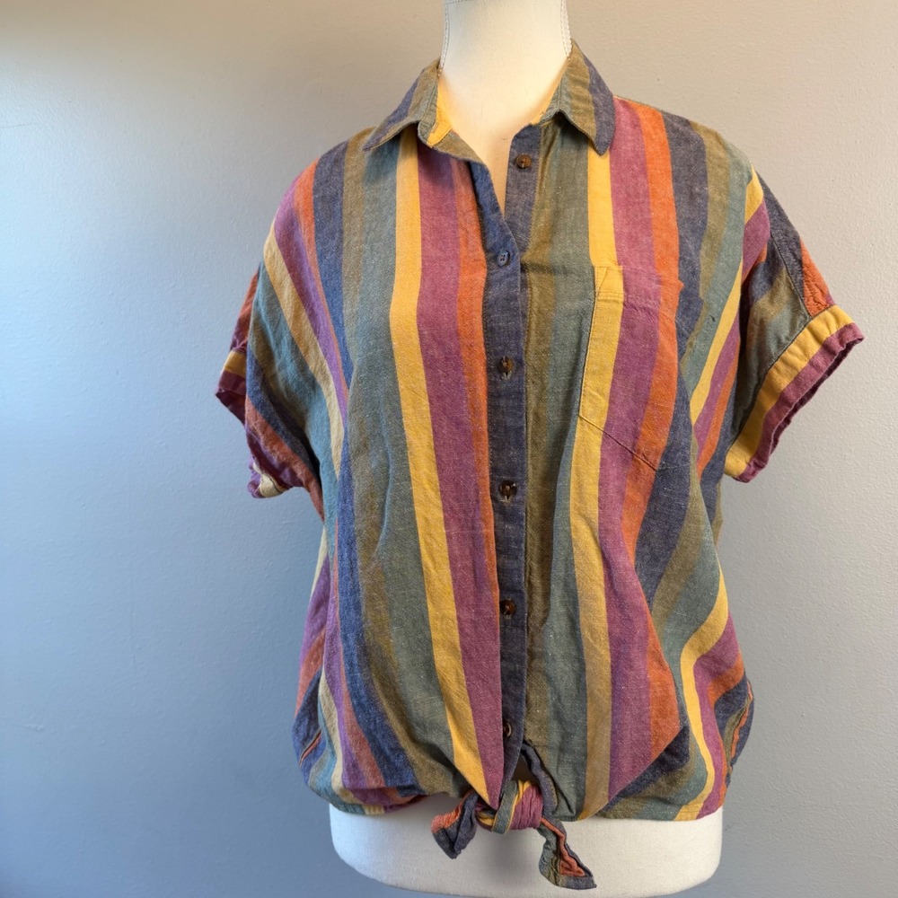 Madewell Linen Blend Stripe Tie Front Short Sleeve Button Down Shirt Small